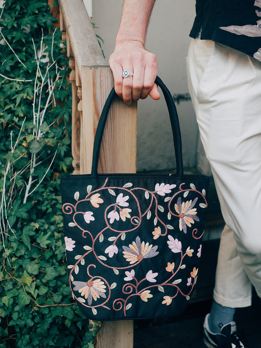 Embroidered Floral Taffeta Medium Tote Bag - Black