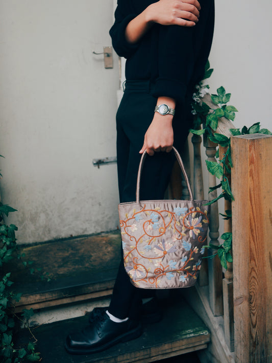 Embroidered Floral Taffeta Medium Tote Bag - Dark Brown