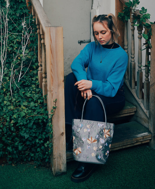 Embroidered Floral Taffeta Medium Tote Bag - Grey