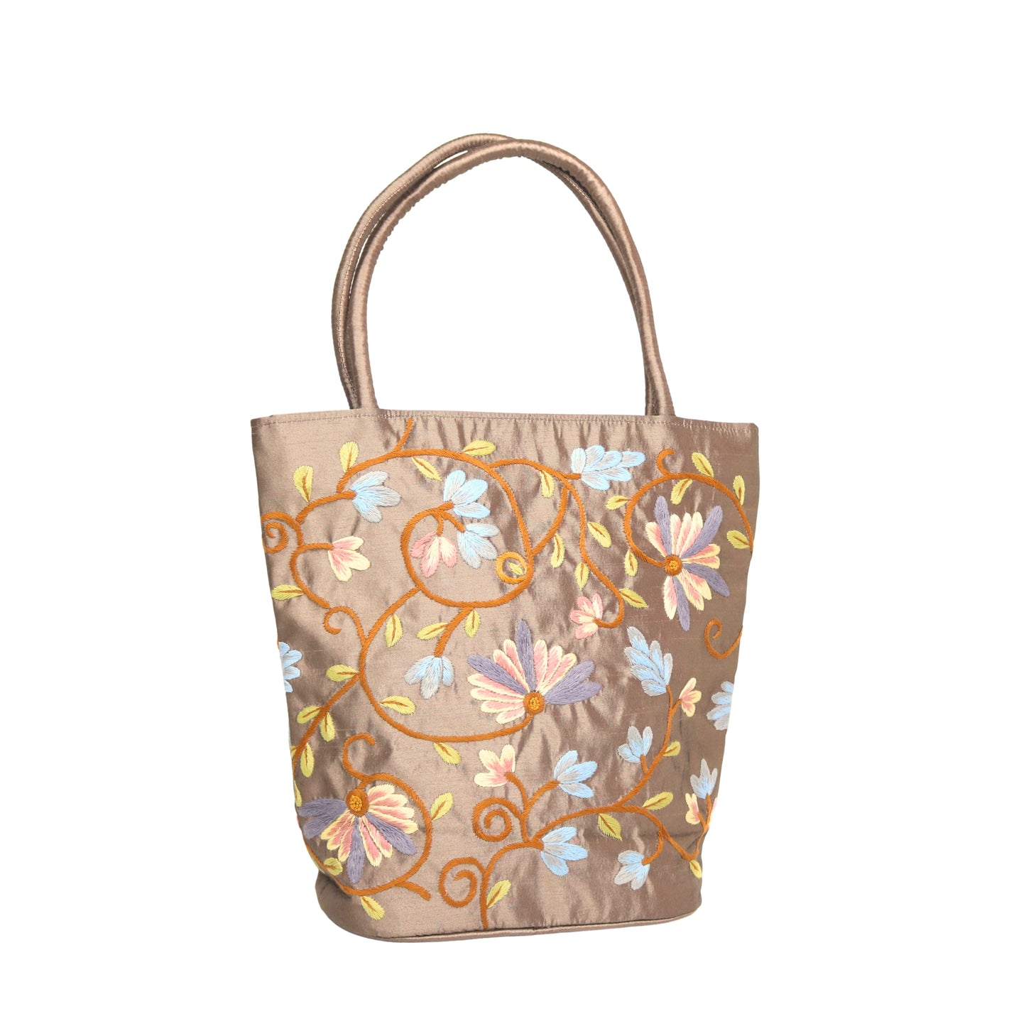 Embroidered Floral Taffeta Medium Tote Bag - Dark Brown