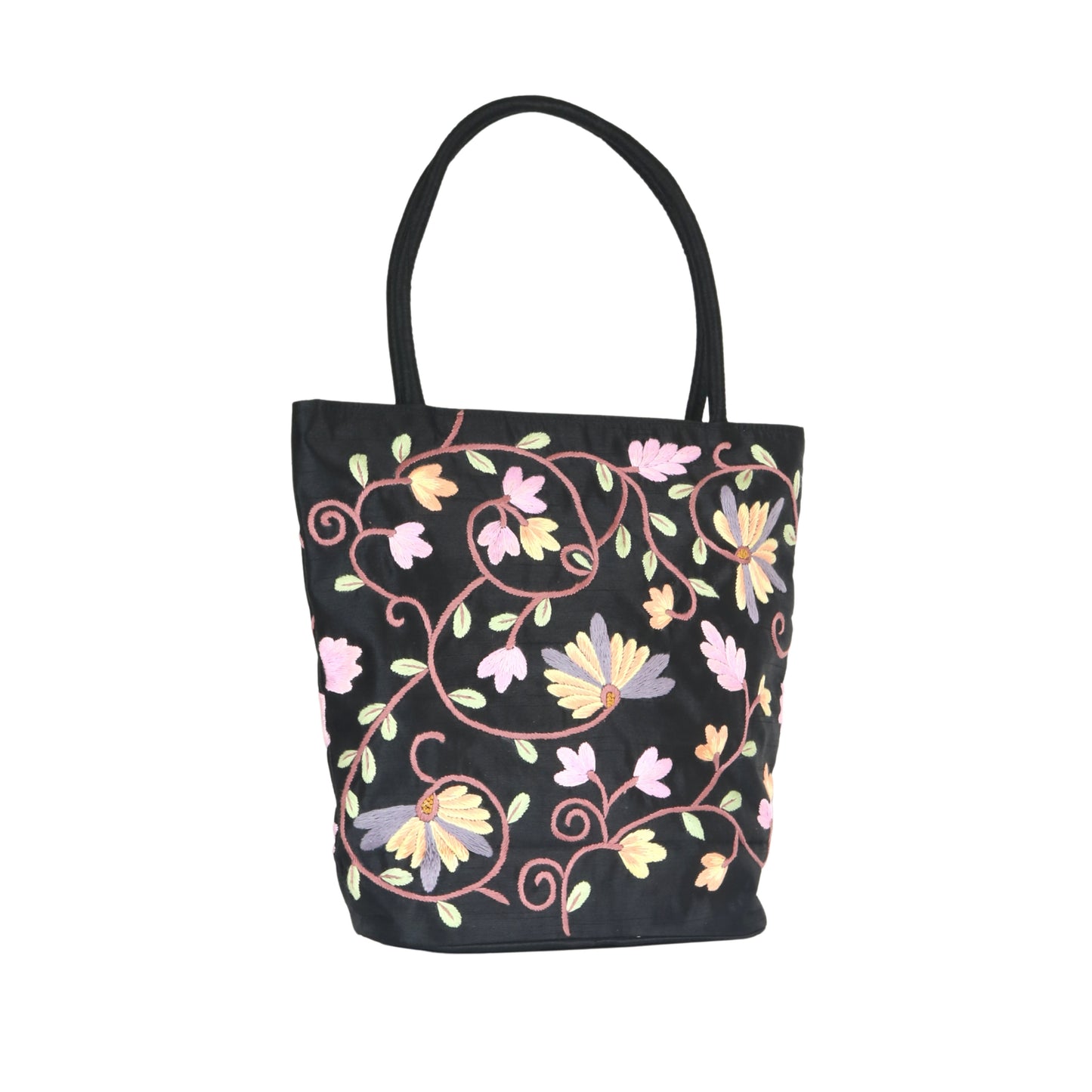 Embroidered Floral Taffeta Medium Tote Bag - Black