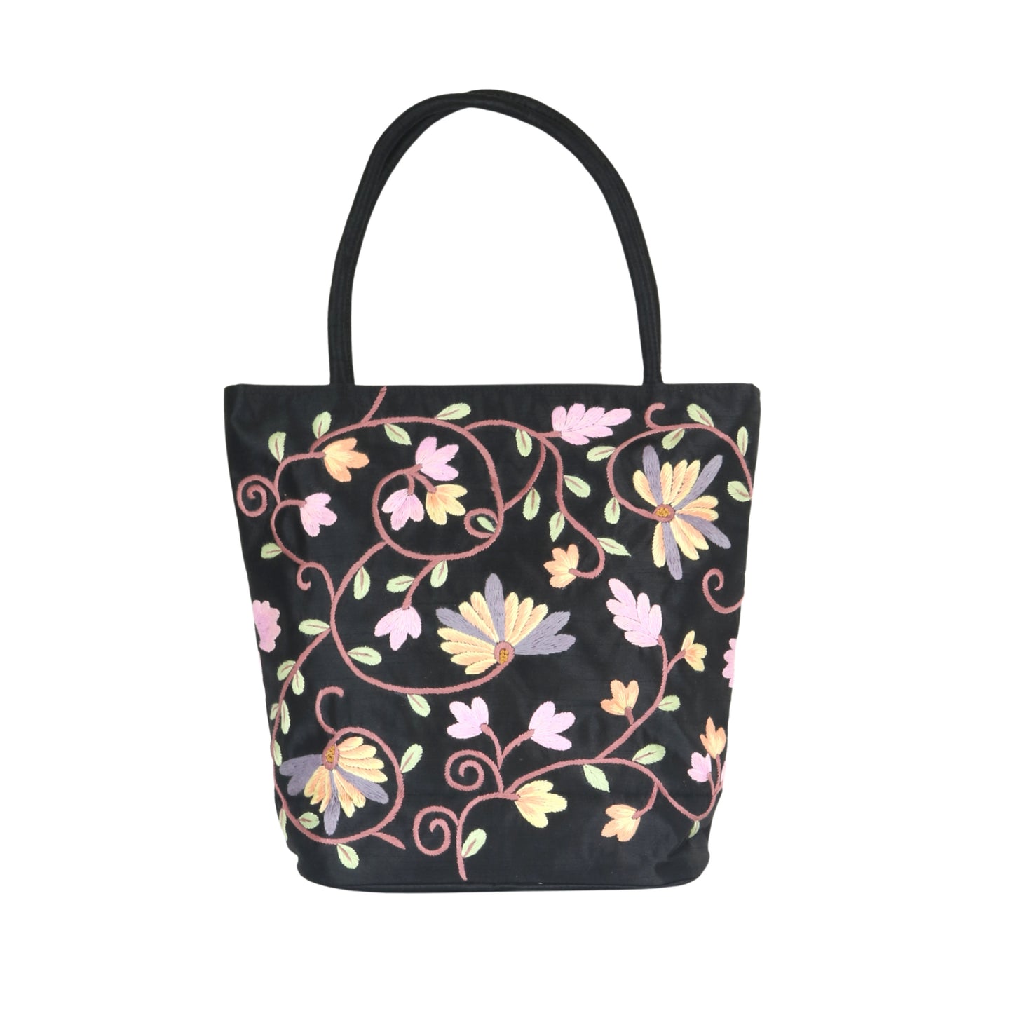 Embroidered Floral Taffeta Medium Tote Bag - Black