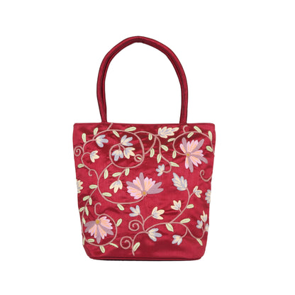 Embroidered Floral Taffeta Medium Tote Bag - Red