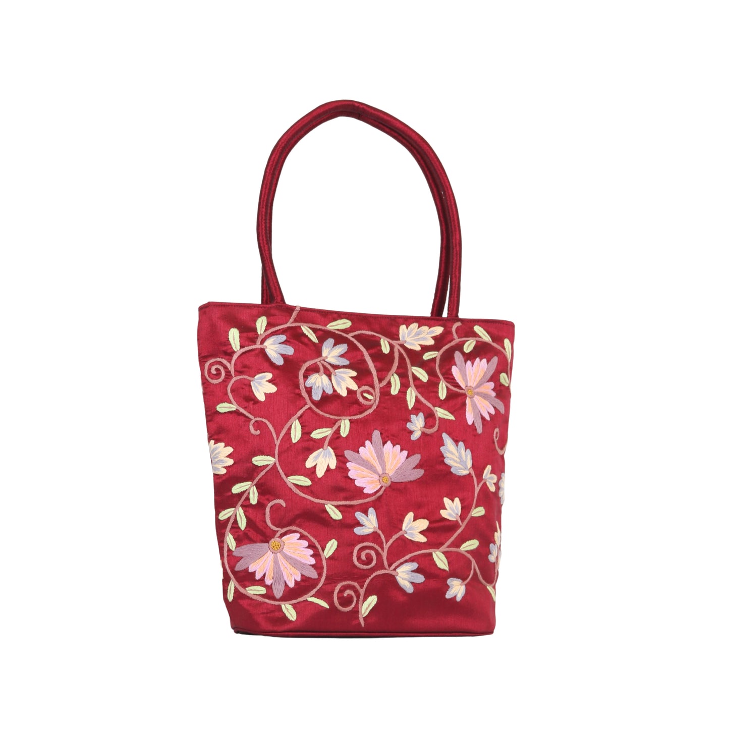 Embroidered Floral Taffeta Medium Tote Bag - Red