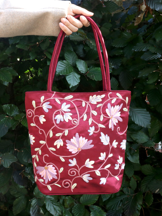 Embroidered Floral Taffeta Medium Tote Bag - Red