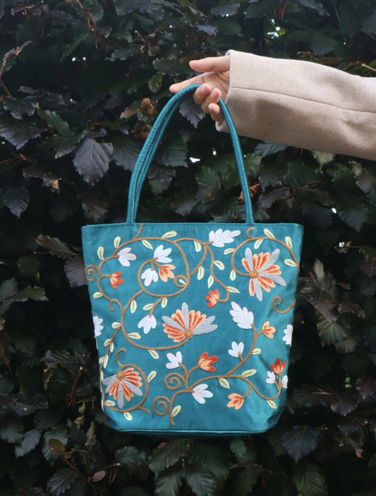 Embroidered Floral Taffeta Medium Tote Bag - Turquoise