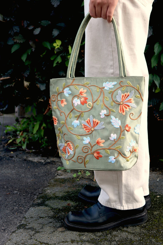 Embroidered Floral Taffeta Medium Tote Bag - Light Green