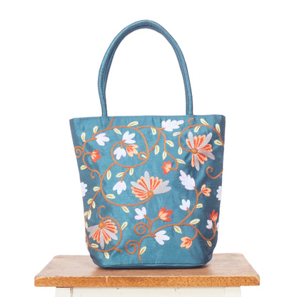 Embroidered Floral Taffeta Medium Tote Bag - Turquoise